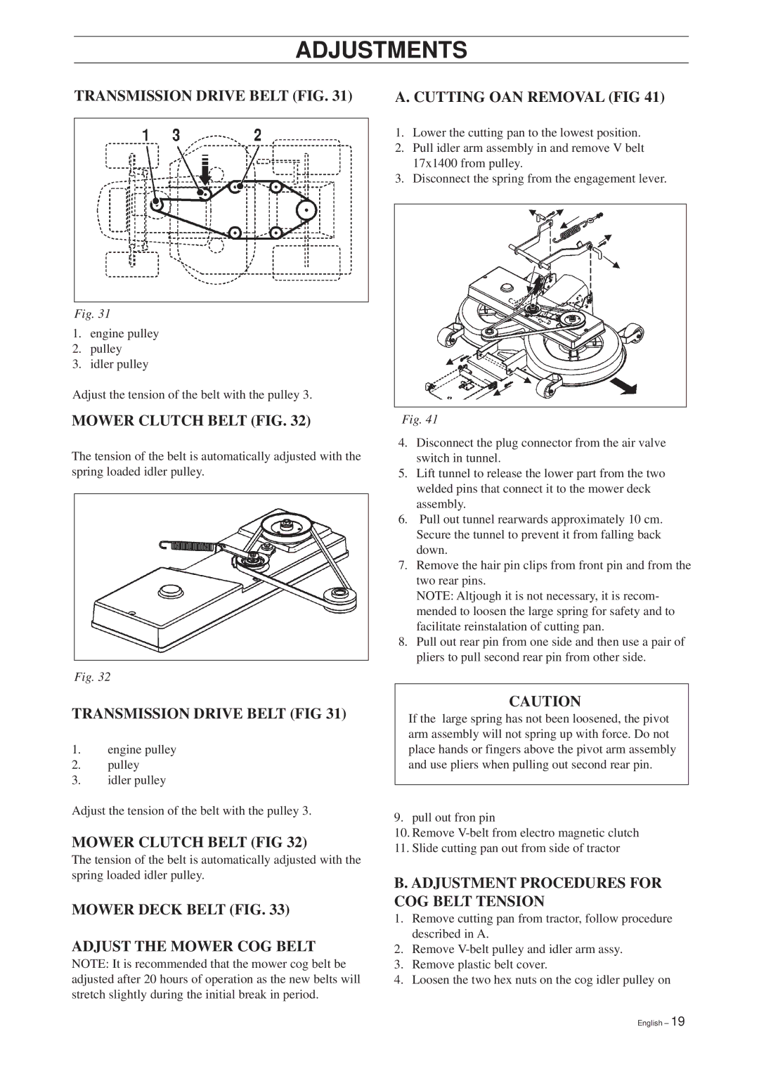 RBH Sound RBH 180 manual Transmission Drive Belt FIG Cutting OAN Removal FIG, Mower Clutch Belt FIG 