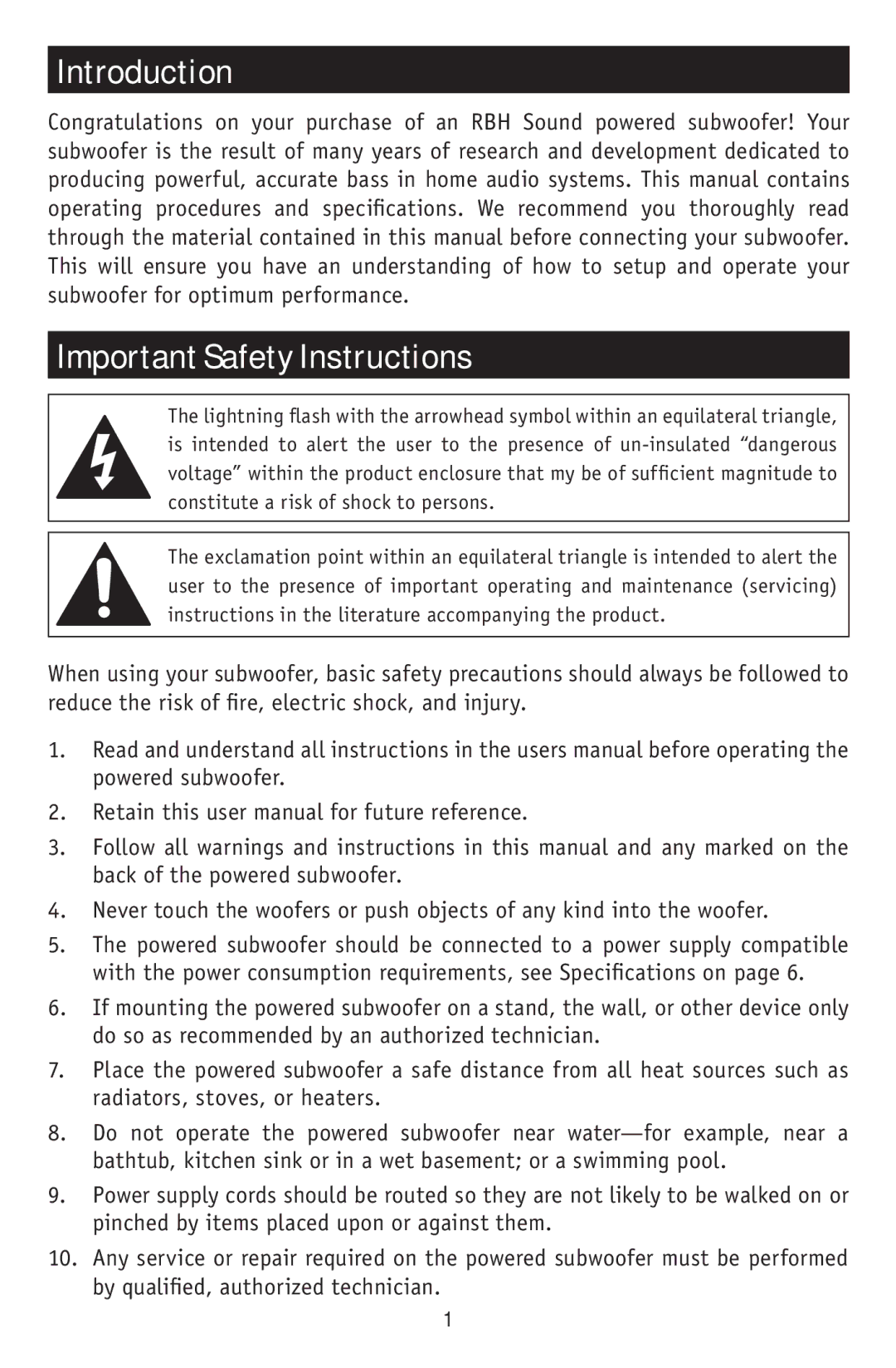 RBH Sound S-10, S-12 owner manual Introduction, Important Safety Instructions 