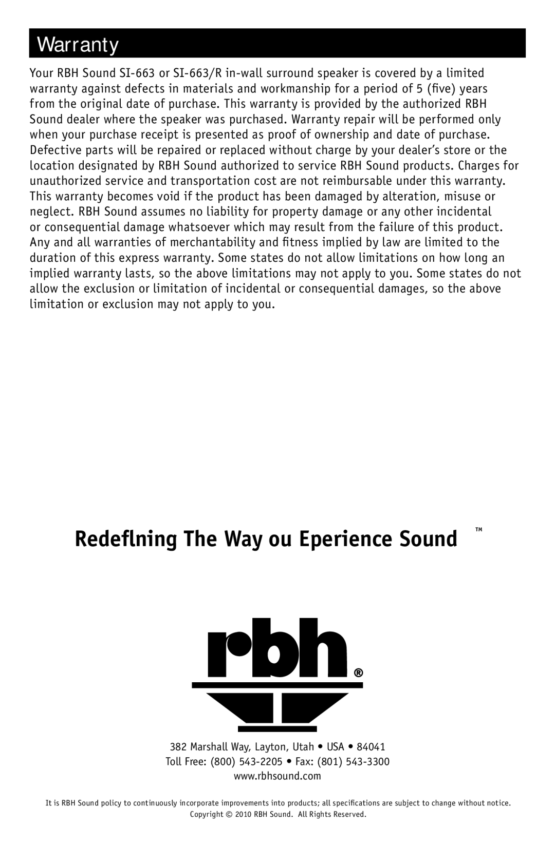 RBH Sound SI-663 owner manual Redefining The Way You Experience Sound.TM, Warranty 