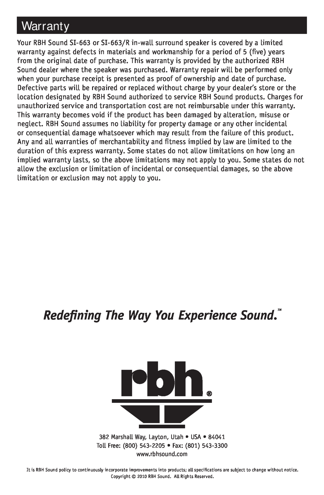RBH Sound SI-663 owner manual Warranty, Redefining The Way You Experience Sound.TM 