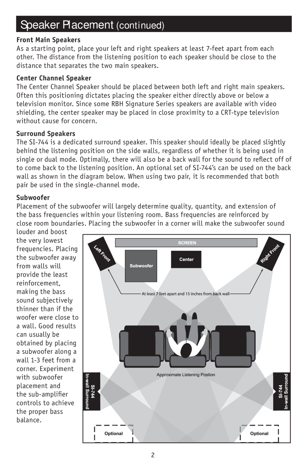 RBH Sound SI-744 owner manual Front Main Speakers 