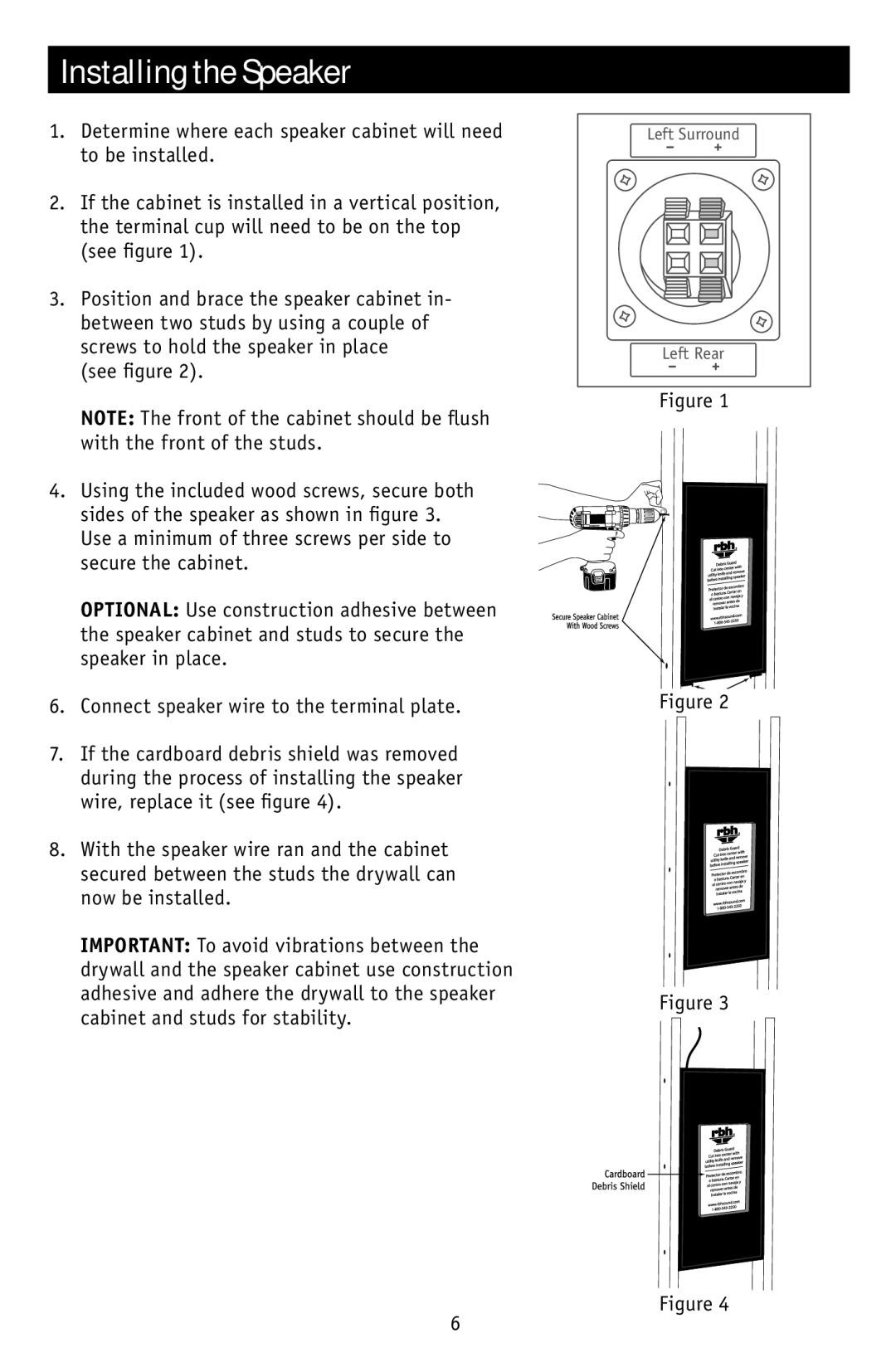 RBH Sound SI-744 owner manual Installing the Speaker 