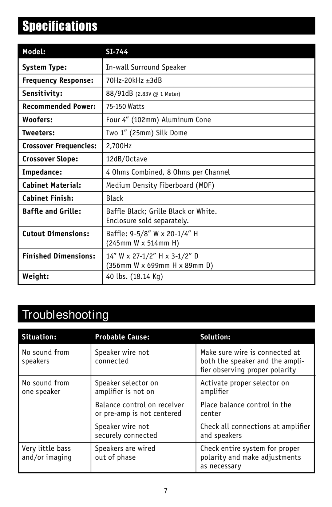 RBH Sound SI-744 owner manual Specifications, Troubleshooting 