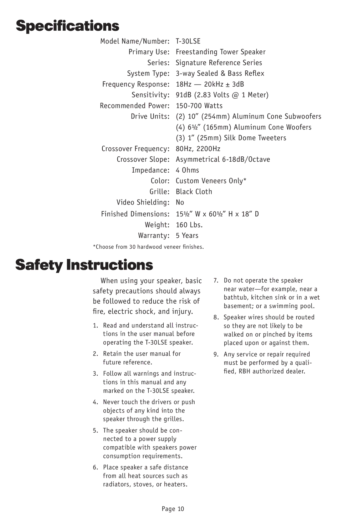 RBH Sound T-30LSE owner manual Specifications, Safety Instructions 