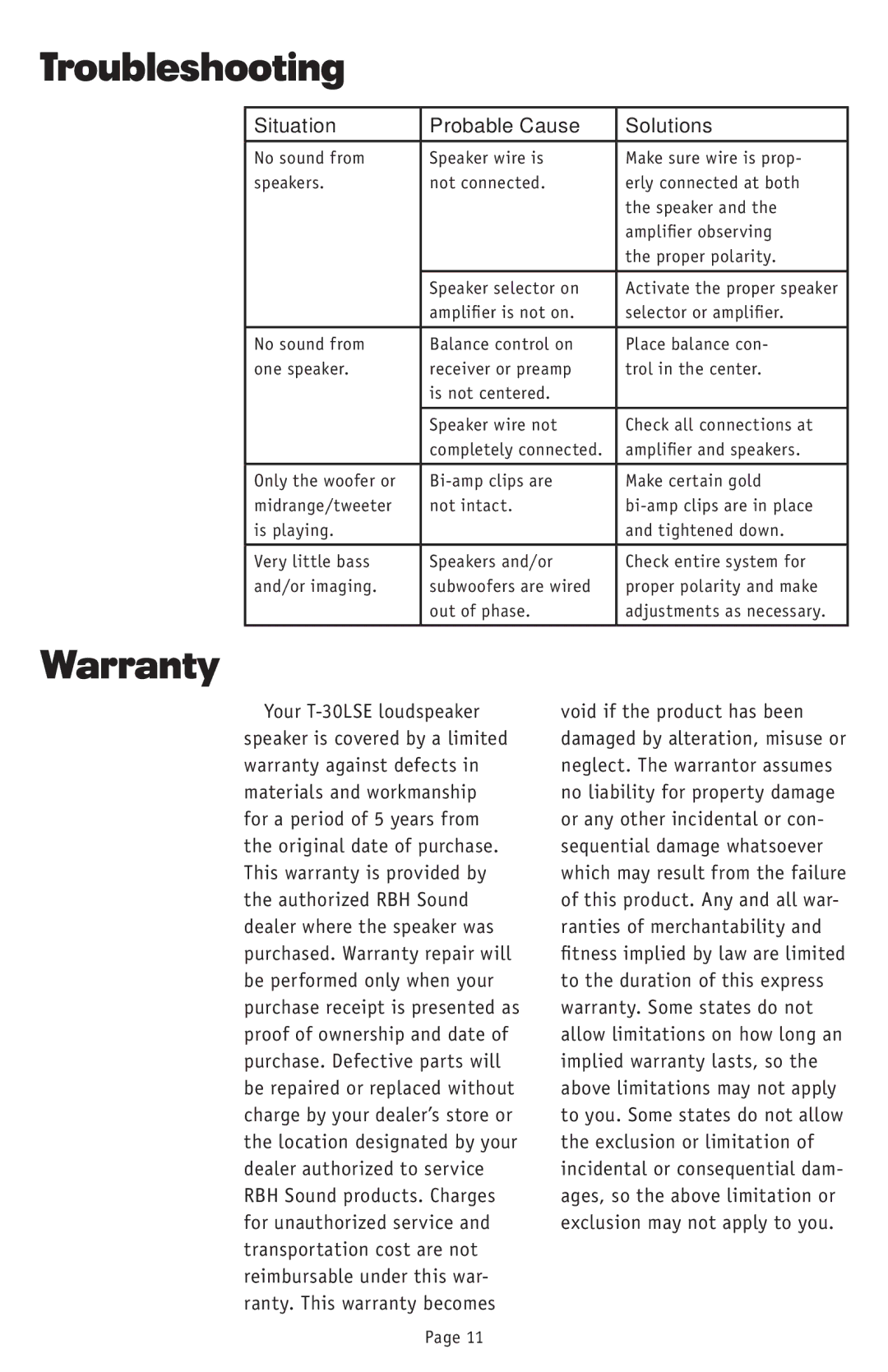 RBH Sound T-30LSE owner manual Troubleshooting, Warranty 