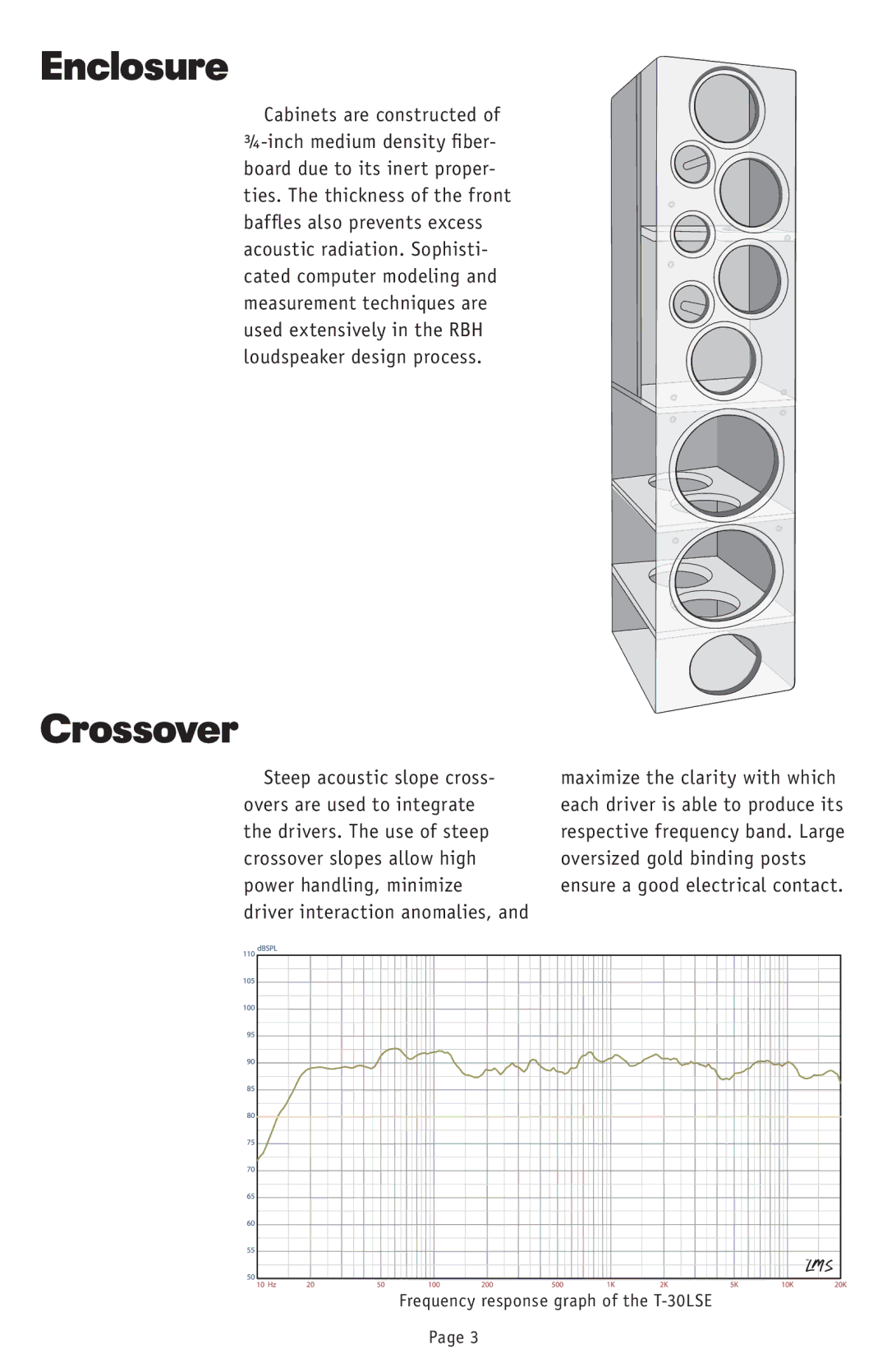 RBH Sound T-30LSE owner manual Enclosure, Crossover 