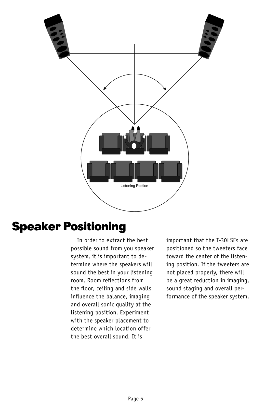 RBH Sound T-30LSE owner manual Speaker Positioning, Order to extract the best 