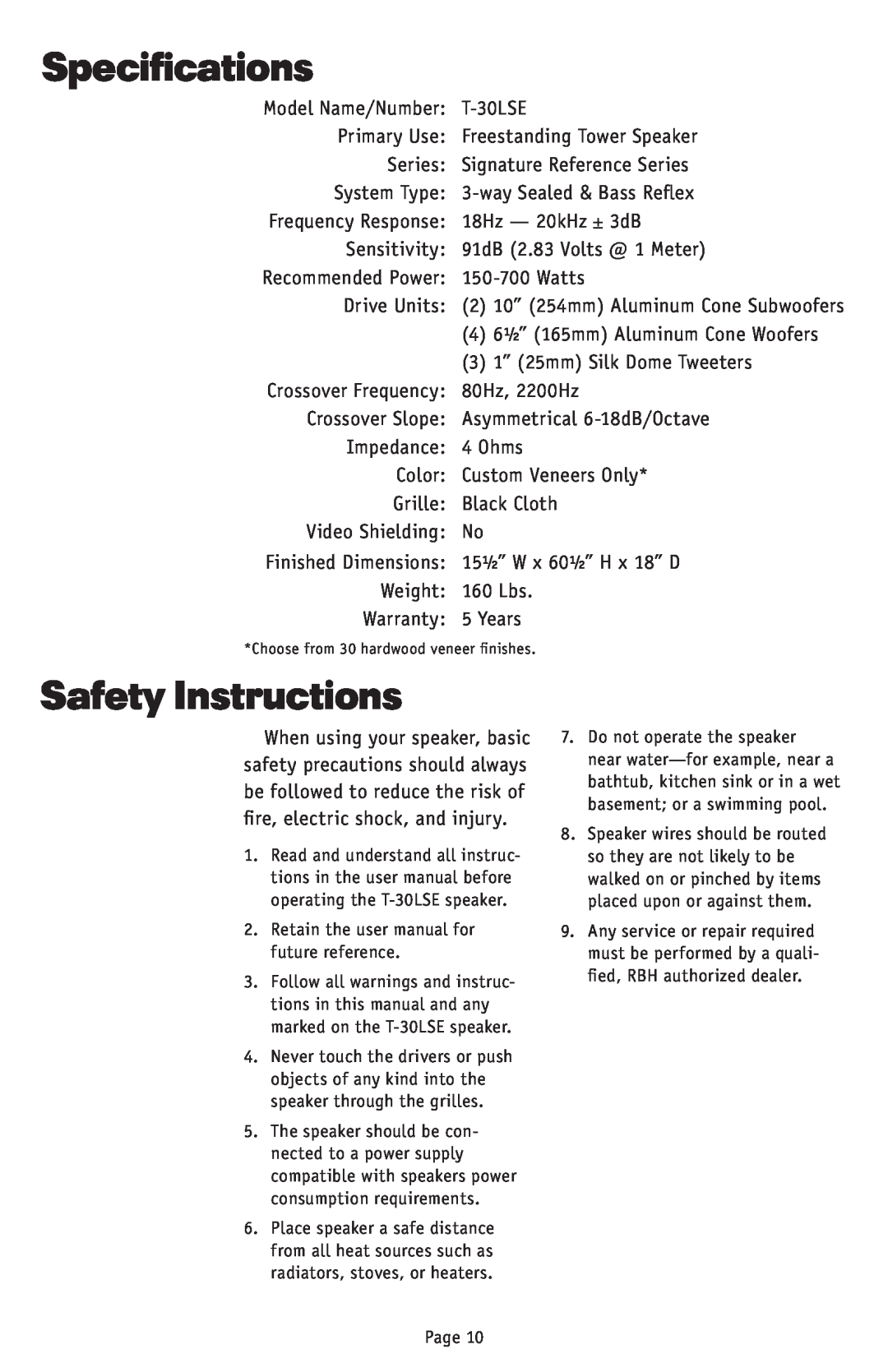 RBH Sound T-30LSE owner manual Specifications, Safety Instructions 