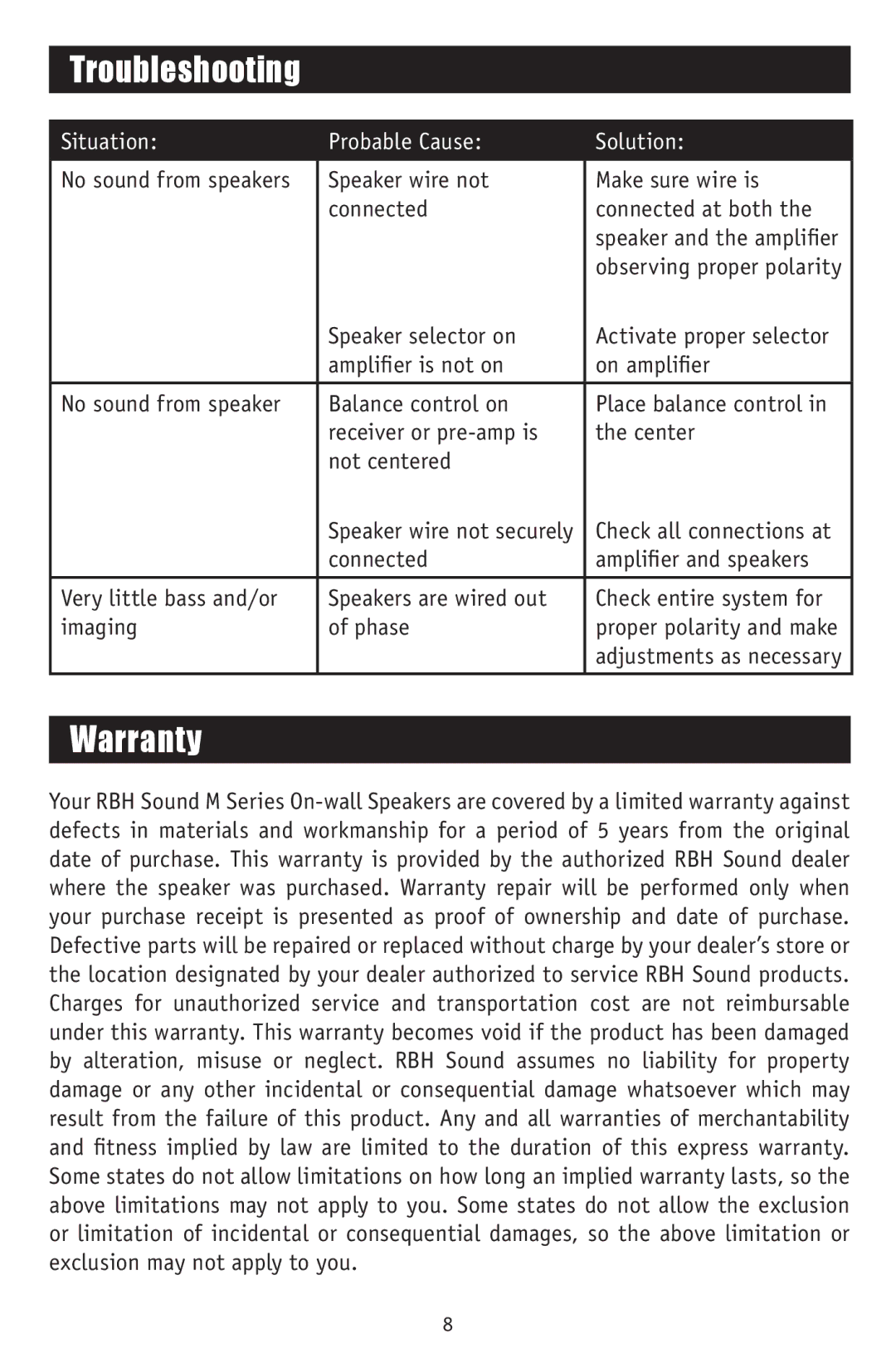 RBH Sound WM-24, WM-30 owner manual Troubleshooting, Warranty 