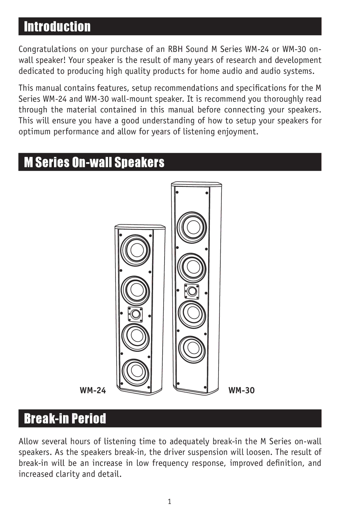 RBH Sound WM-30, WM-24 owner manual Introduction, Series On-wall Speakers, Break-in Period 