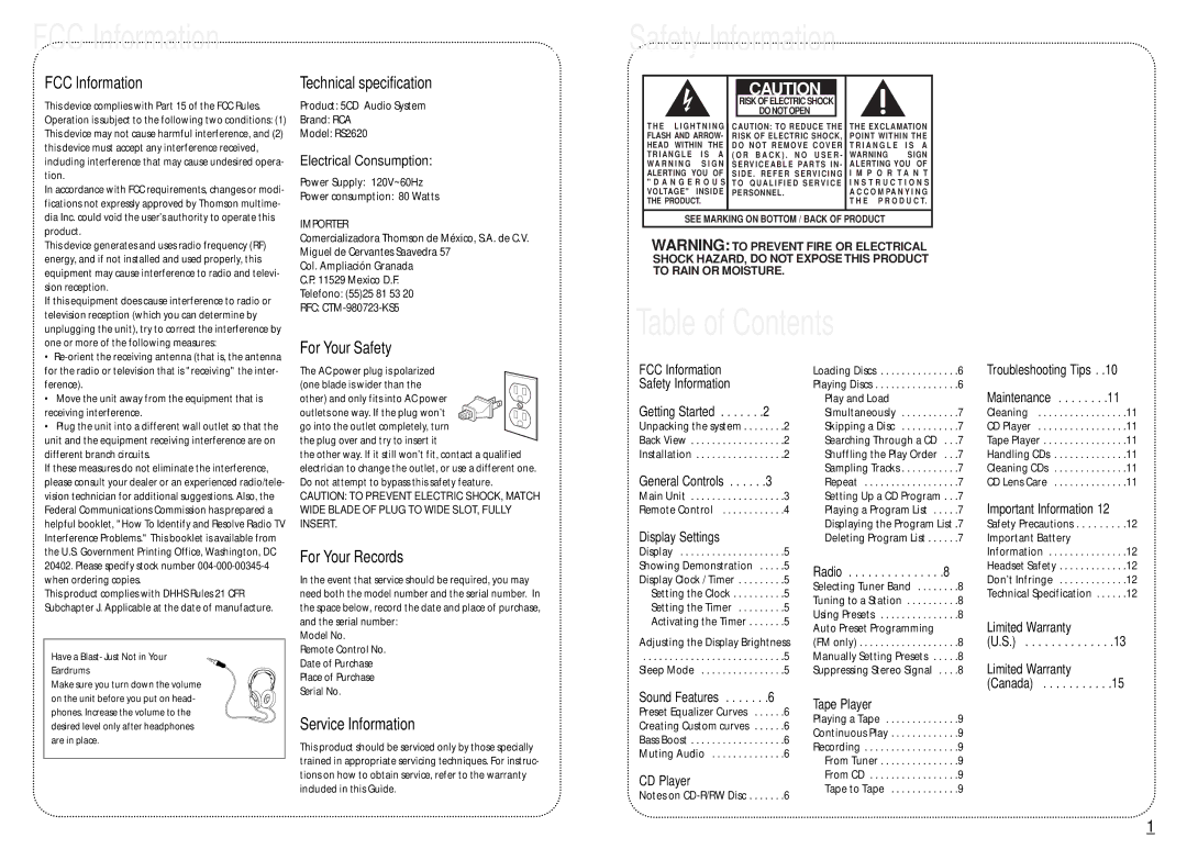 RCA 004-000-00345-4 user manual Safety Information, Table of Contents 