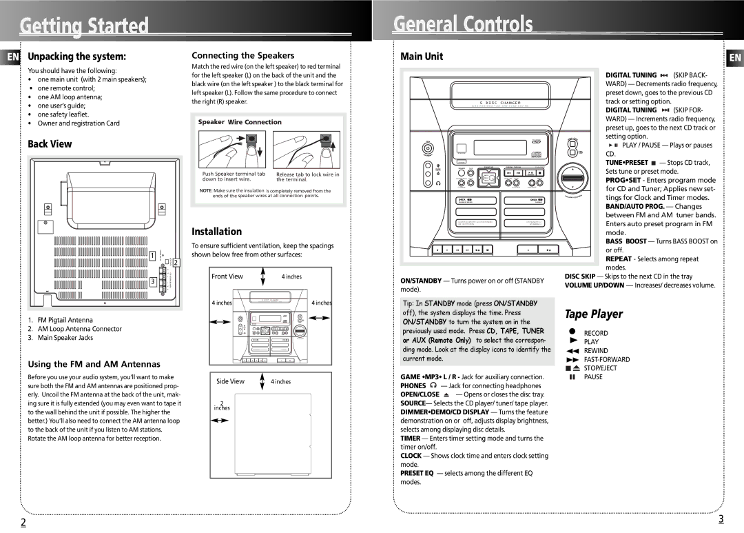 RCA 004-000-00345-4 Getting Started General Controls, EN Unpacking the system, Back View, Main Unit, Installation 