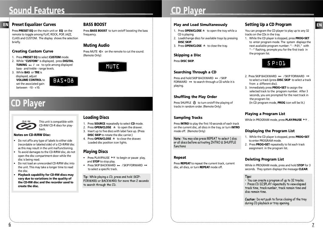 RCA 004-000-00345-4 user manual Sound Features, CD Player, Setting Up a CD Program 