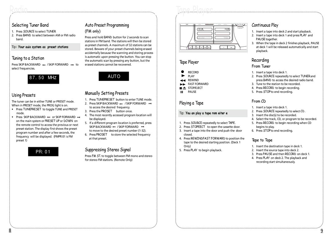 RCA 004-000-00345-4 user manual Radio, Tape Player 