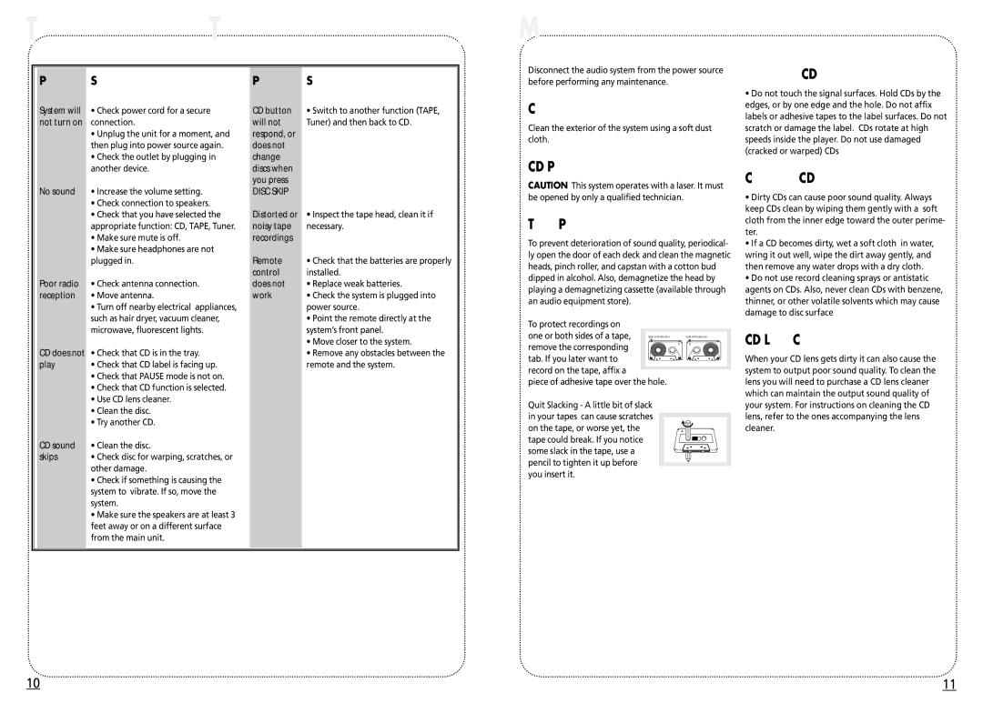 RCA 004-000-00345-4 user manual Troubleshooting Tips, Maintenance, Handling CDs 