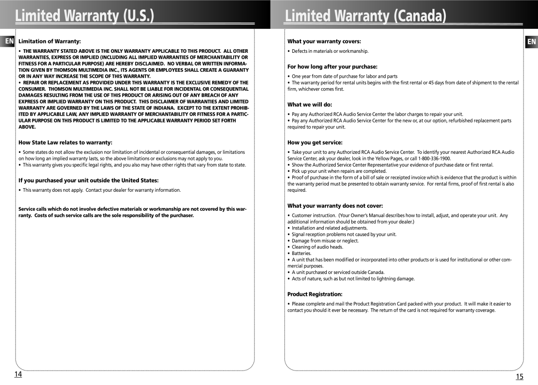 RCA 004-000-00345-4 user manual Limited Warranty Canada, EN Limitation of Warranty, How State Law relates to warranty 