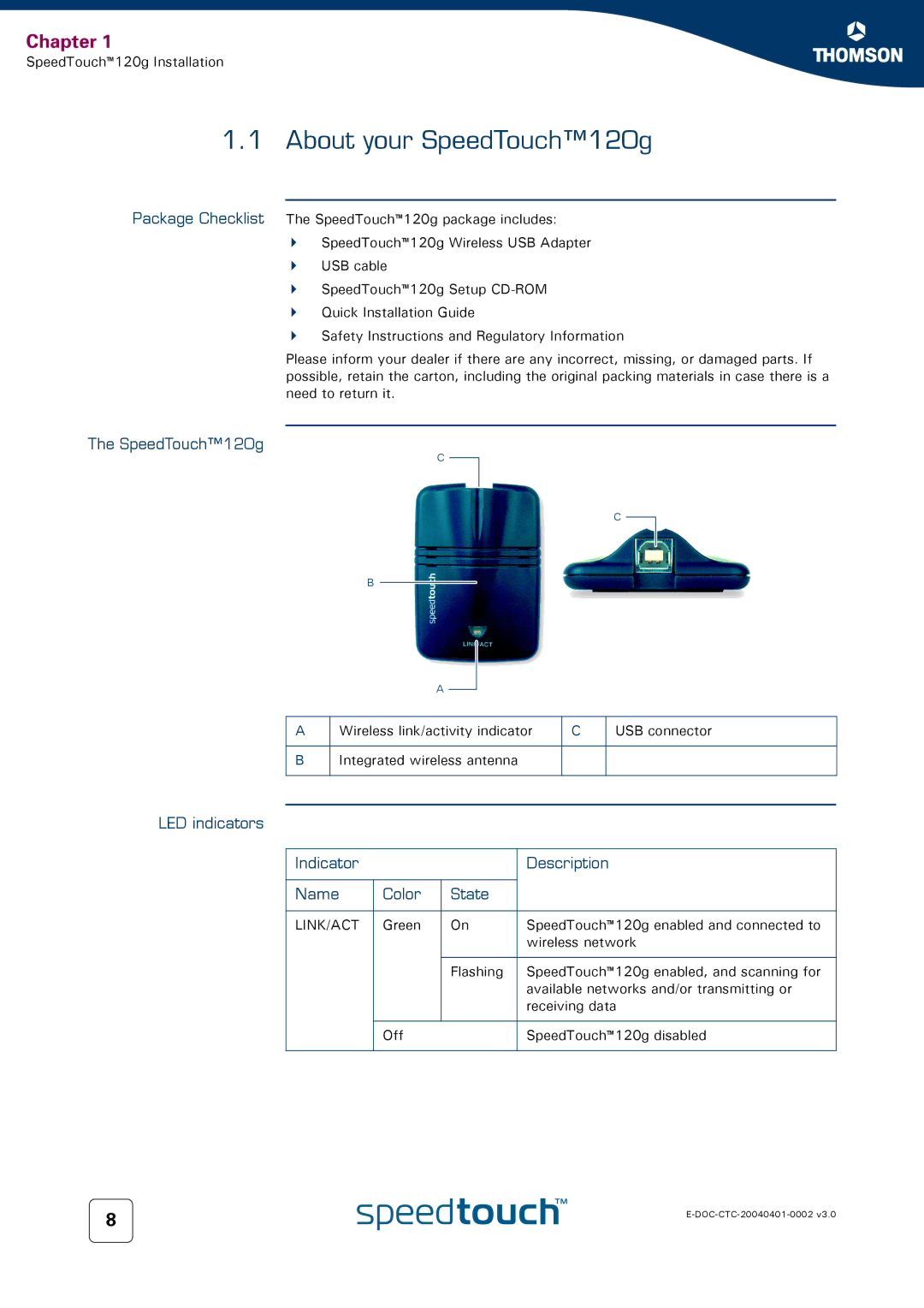 RCA manual About your SpeedTouch120g, LED indicators Indicator Description Name Color State 