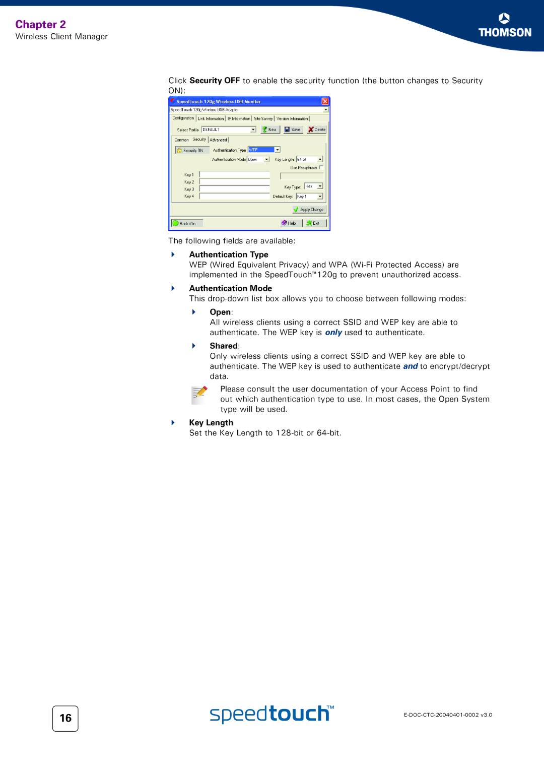 RCA 120g manual Authentication Type, Authentication Mode, Open, Shared, Key Length 