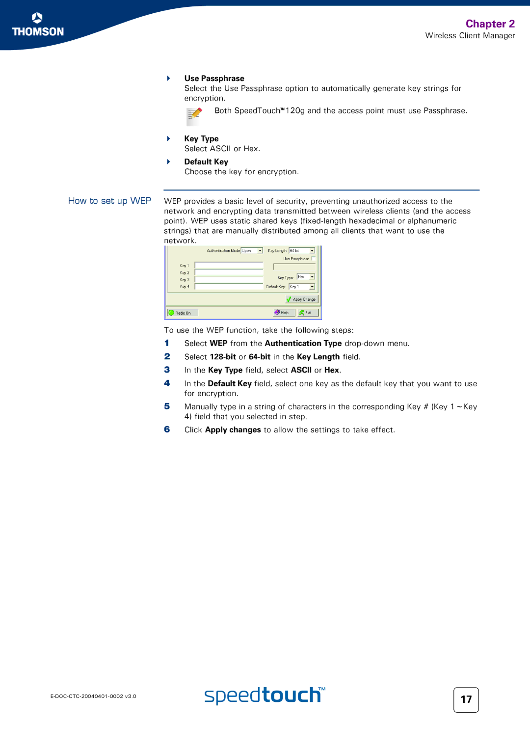 RCA 120g manual How to set up WEP, Use Passphrase, Key Type, Default Key, Select 128-bit or 64-bit in the Key Length field 