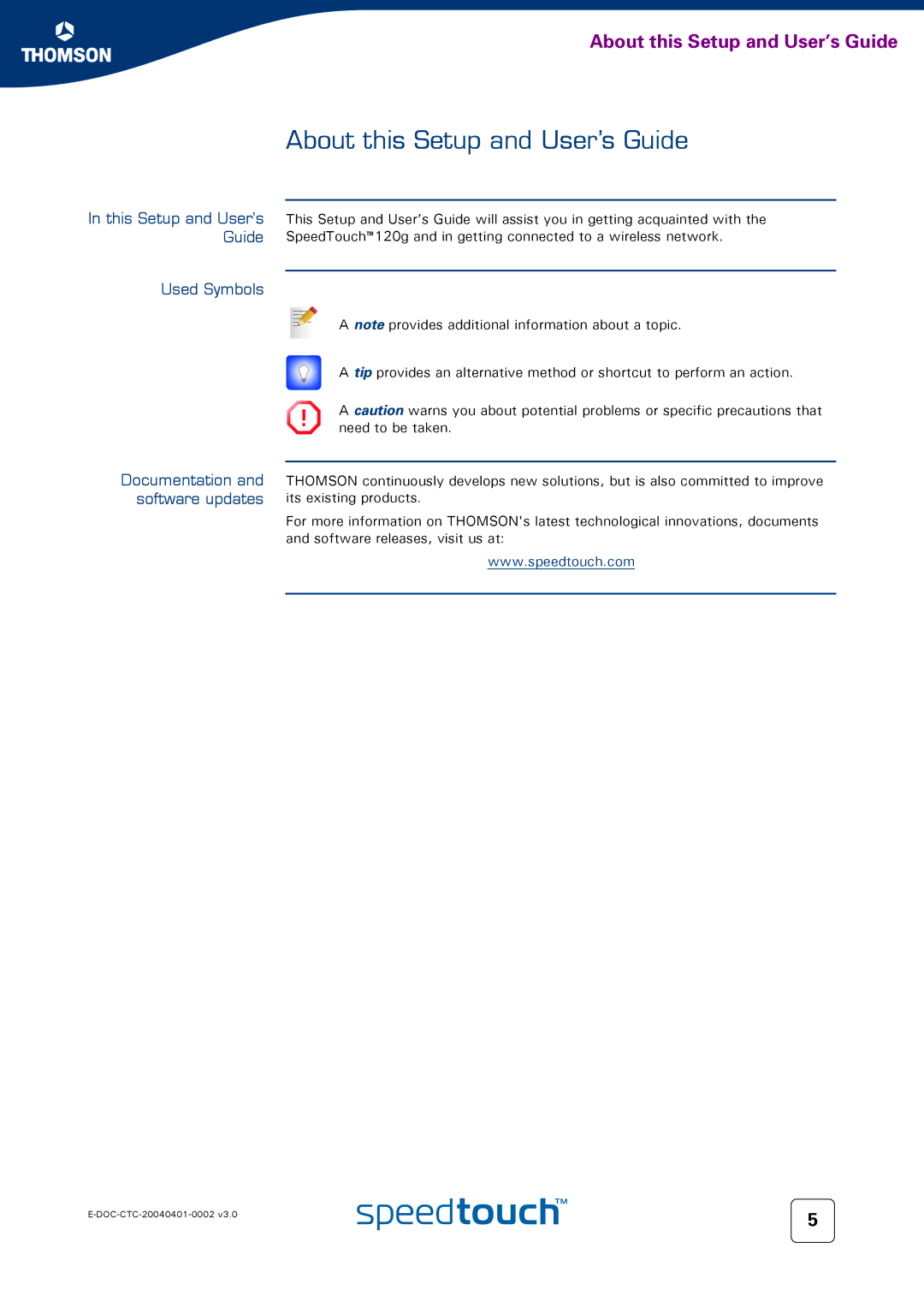 RCA 120g About this Setup and User’s Guide, This Setup and Users Guide Used Symbols, Documentation and software updates 