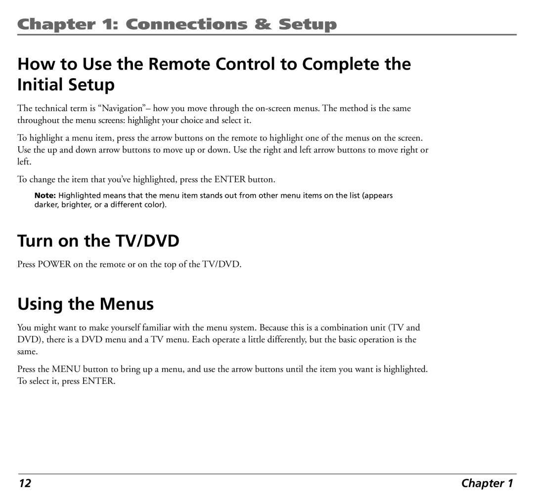 RCA 12L500TD manual How to Use the Remote Control to Complete the Initial Setup, Turn on the TV/DVD, Using the Menus 