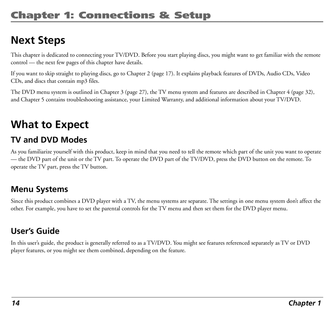 RCA 12L500TD manual Next Steps, What to Expect, TV and DVD Modes, Menu Systems, User’s Guide 