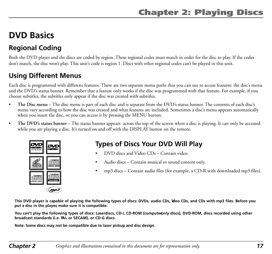 RCA 12L500TD manual DVD Basics, Regional Coding, Using Different Menus, Types of Discs Your DVD Will Play 