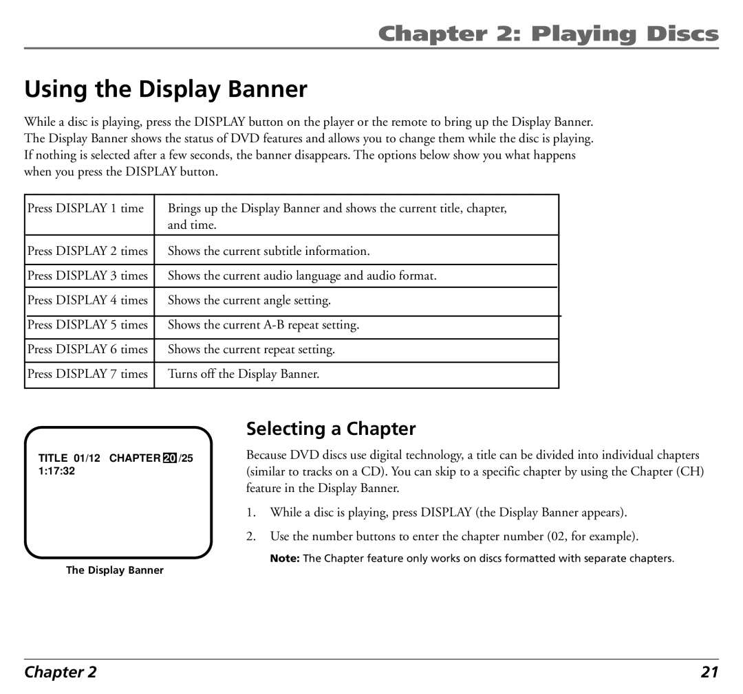 RCA 12L500TD manual Using the Display Banner, Selecting a Chapter 