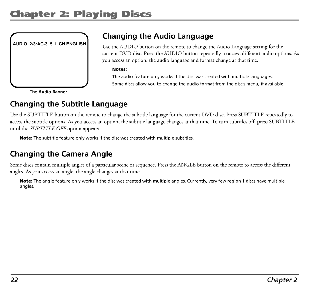 RCA 12L500TD manual Changing the Audio Language, Changing the Subtitle Language, Changing the Camera Angle 