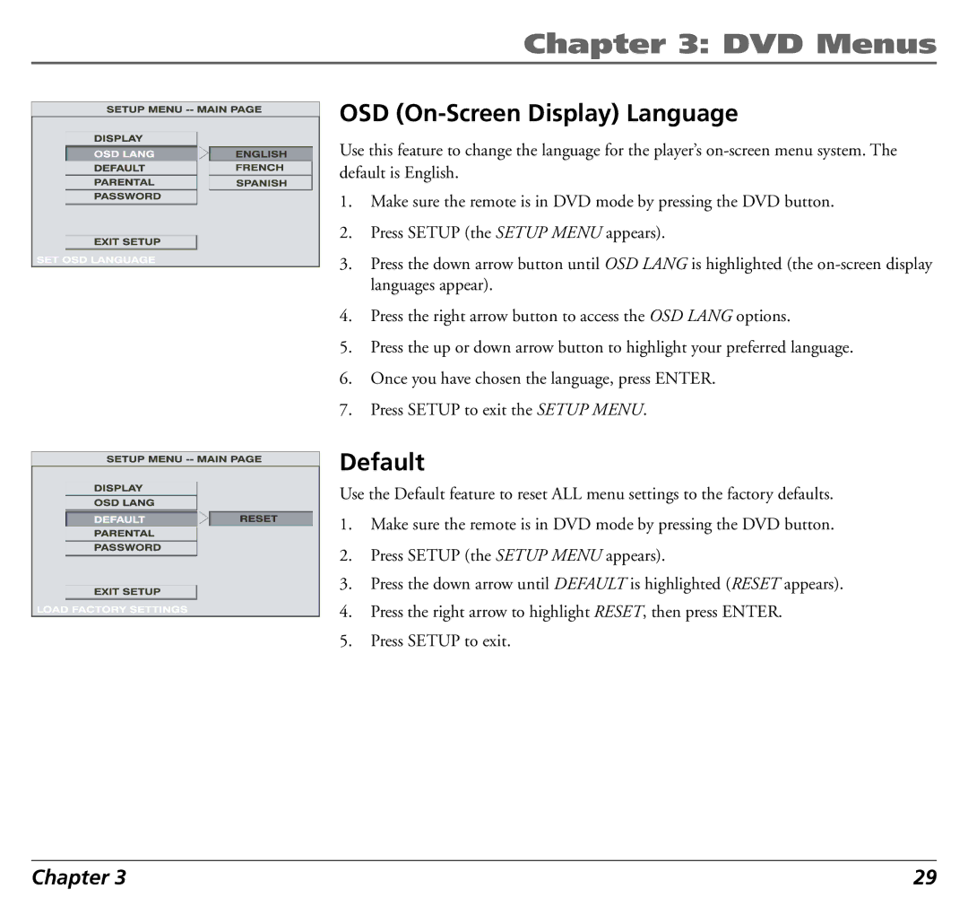 RCA 12L500TD manual OSD On-Screen Display Language, Default 