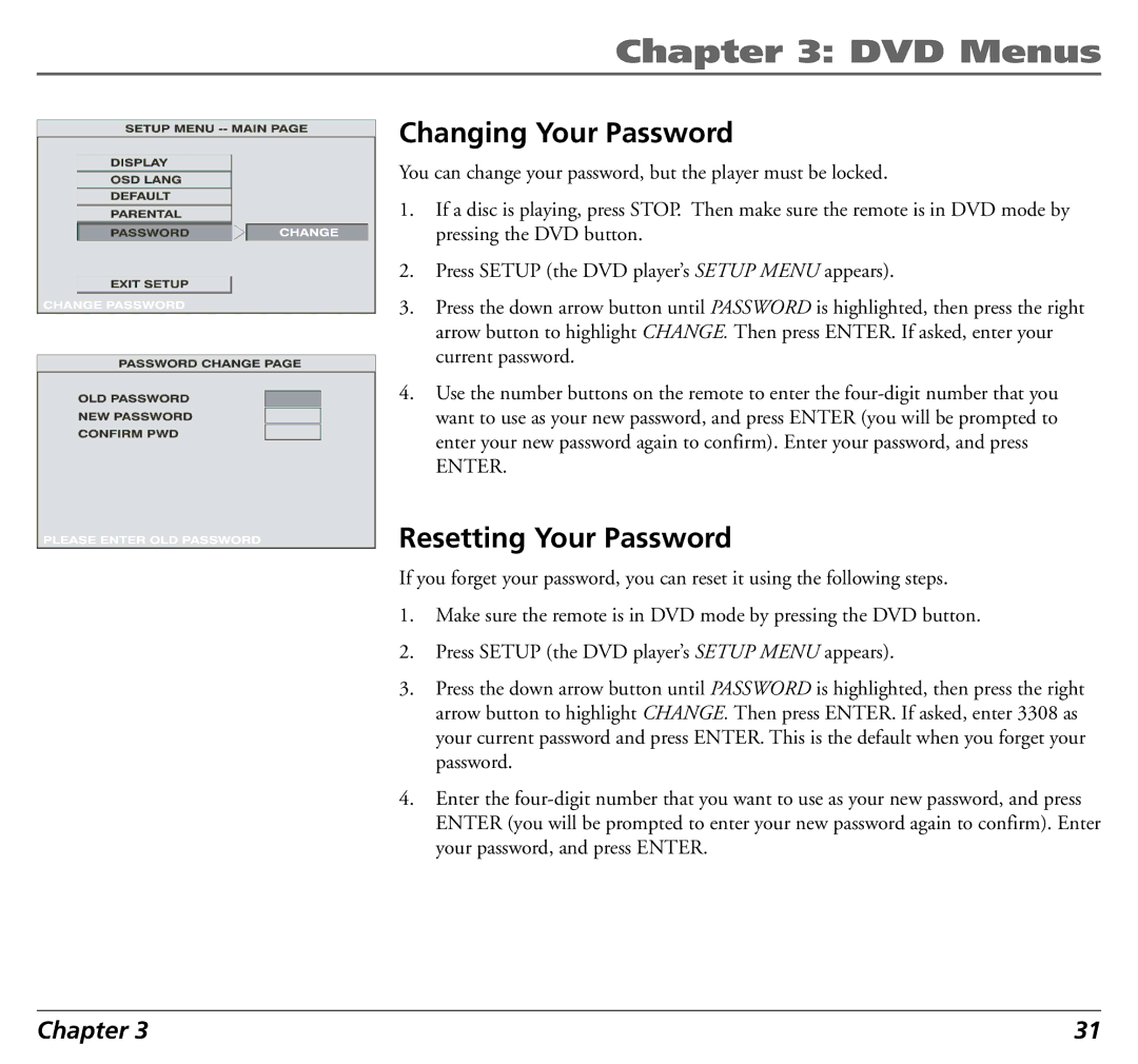 RCA 12L500TD manual Changing Your Password, Resetting Your Password 