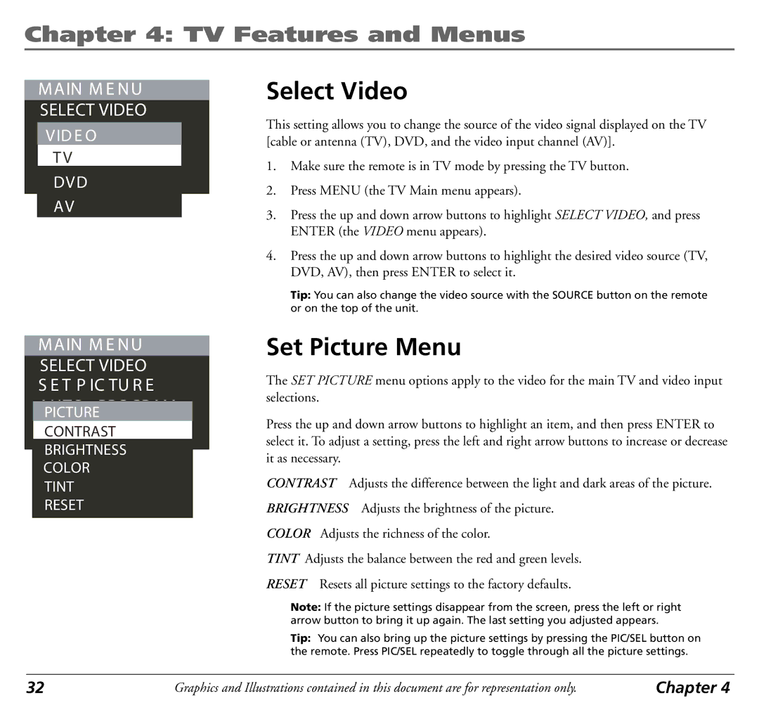 RCA 12L500TD manual Select Video, Set Picture Menu 