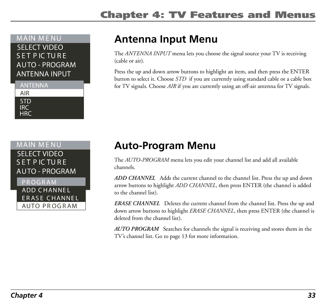 RCA 12L500TD manual Antenna Input Menu, Auto-Program Menu 