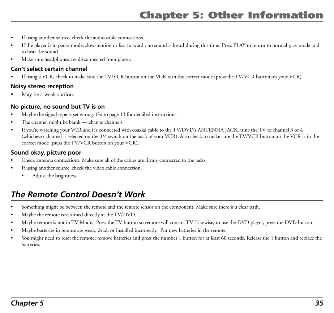 RCA 12L500TD manual Can’t select certain channel, Noisy stereo reception, No picture, no sound but TV is on 