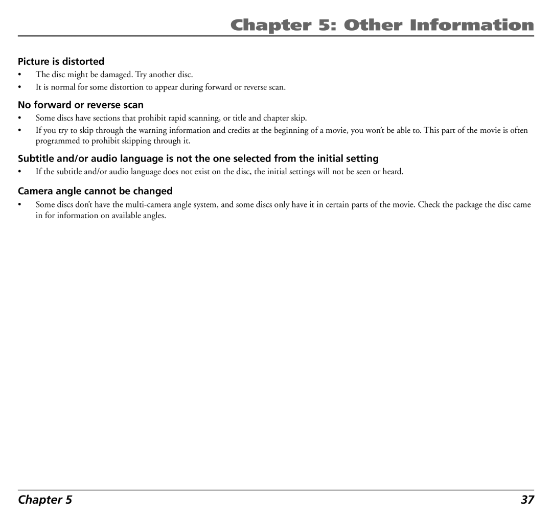 RCA 12L500TD manual Picture is distorted, No forward or reverse scan, Camera angle cannot be changed 