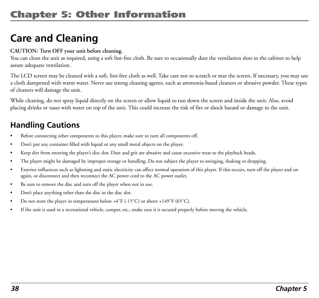 RCA 12L500TD manual Care and Cleaning, Handling Cautions 