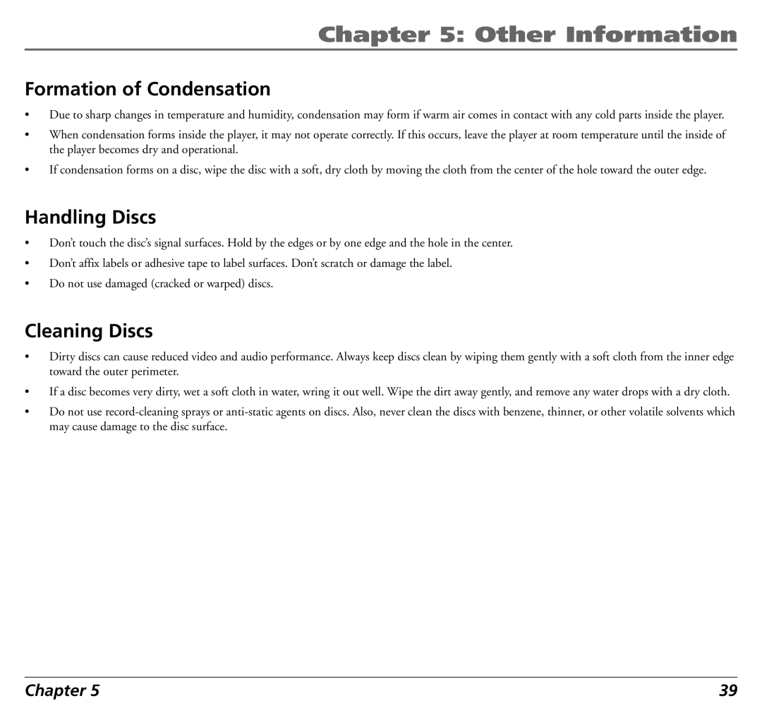 RCA 12L500TD manual Formation of Condensation, Handling Discs, Cleaning Discs 