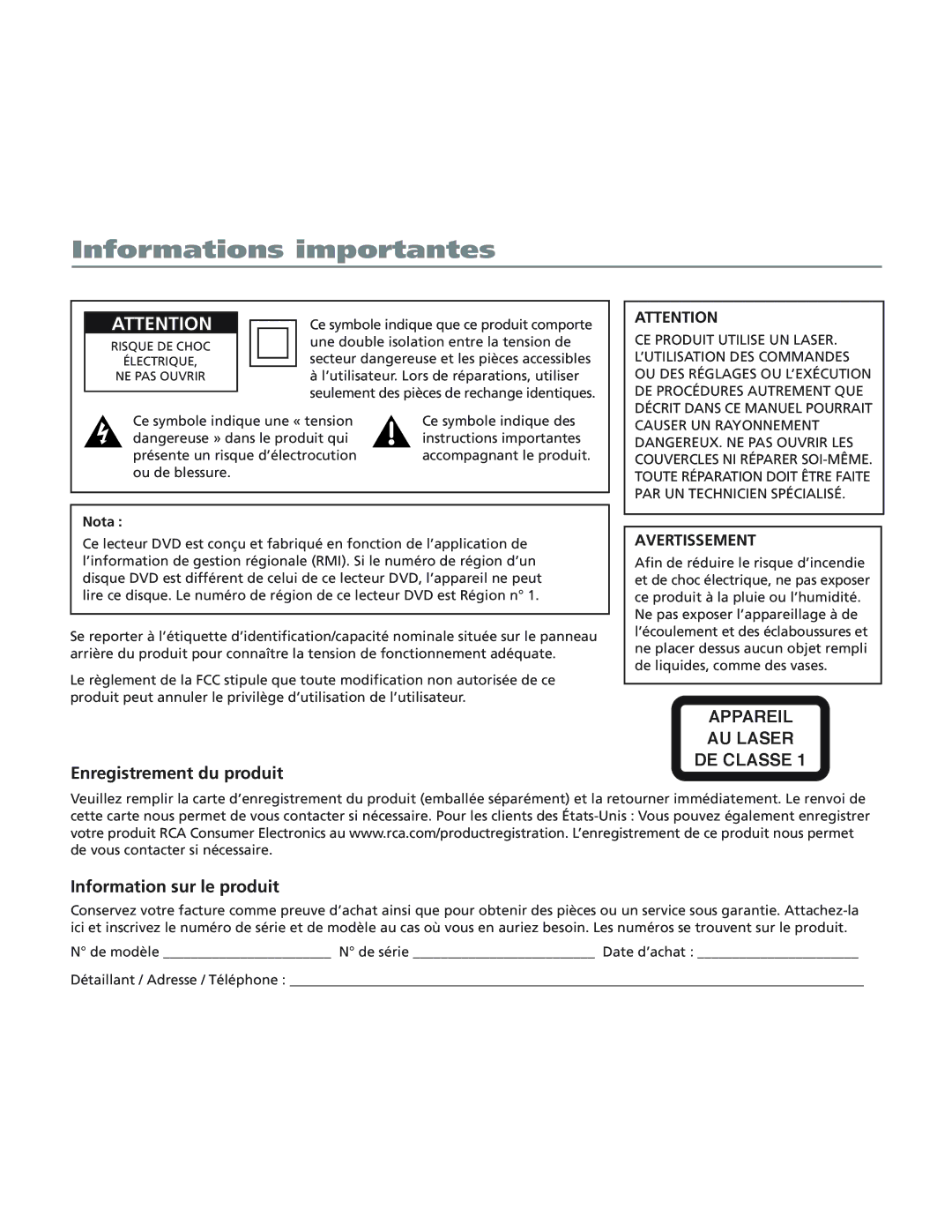 RCA 12L500TD manual Informations importantes 