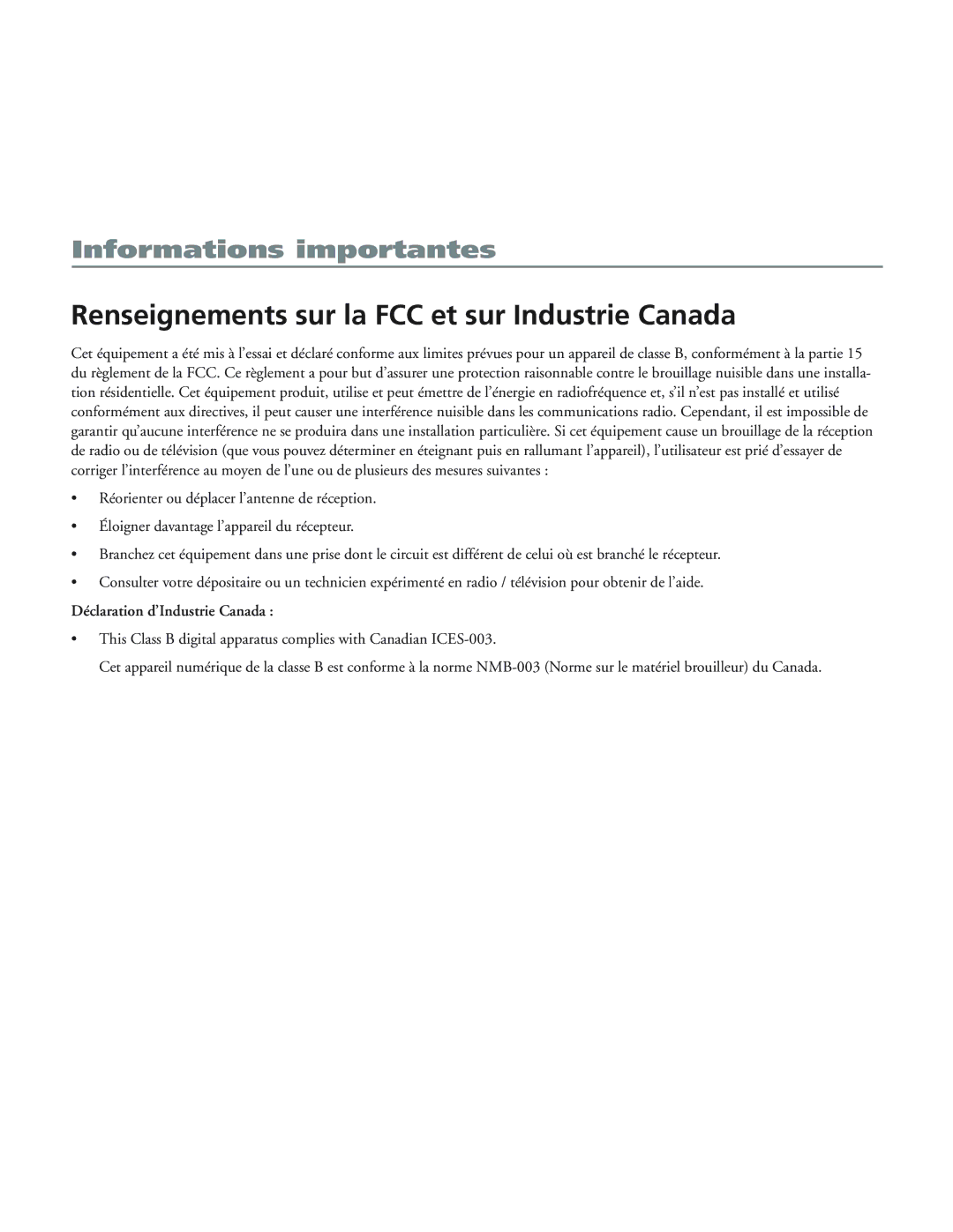 RCA 12L500TD manual Renseignements sur la FCC et sur Industrie Canada, DŽclaration dÕIndustrie Canada 