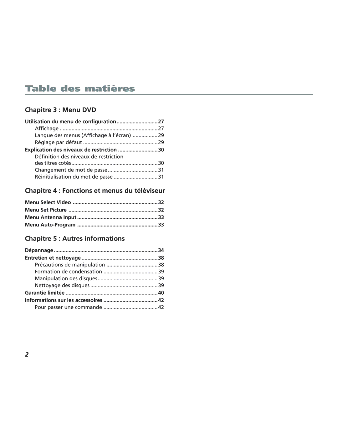 RCA 12L500TD manual Chapitre 3 Menu DVD, Pour passer une commande 