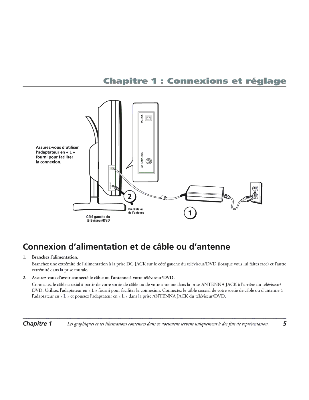 RCA 12L500TD manual Connexion d’alimentation et de câble ou d’antenne, Branchez lÕalimentation 