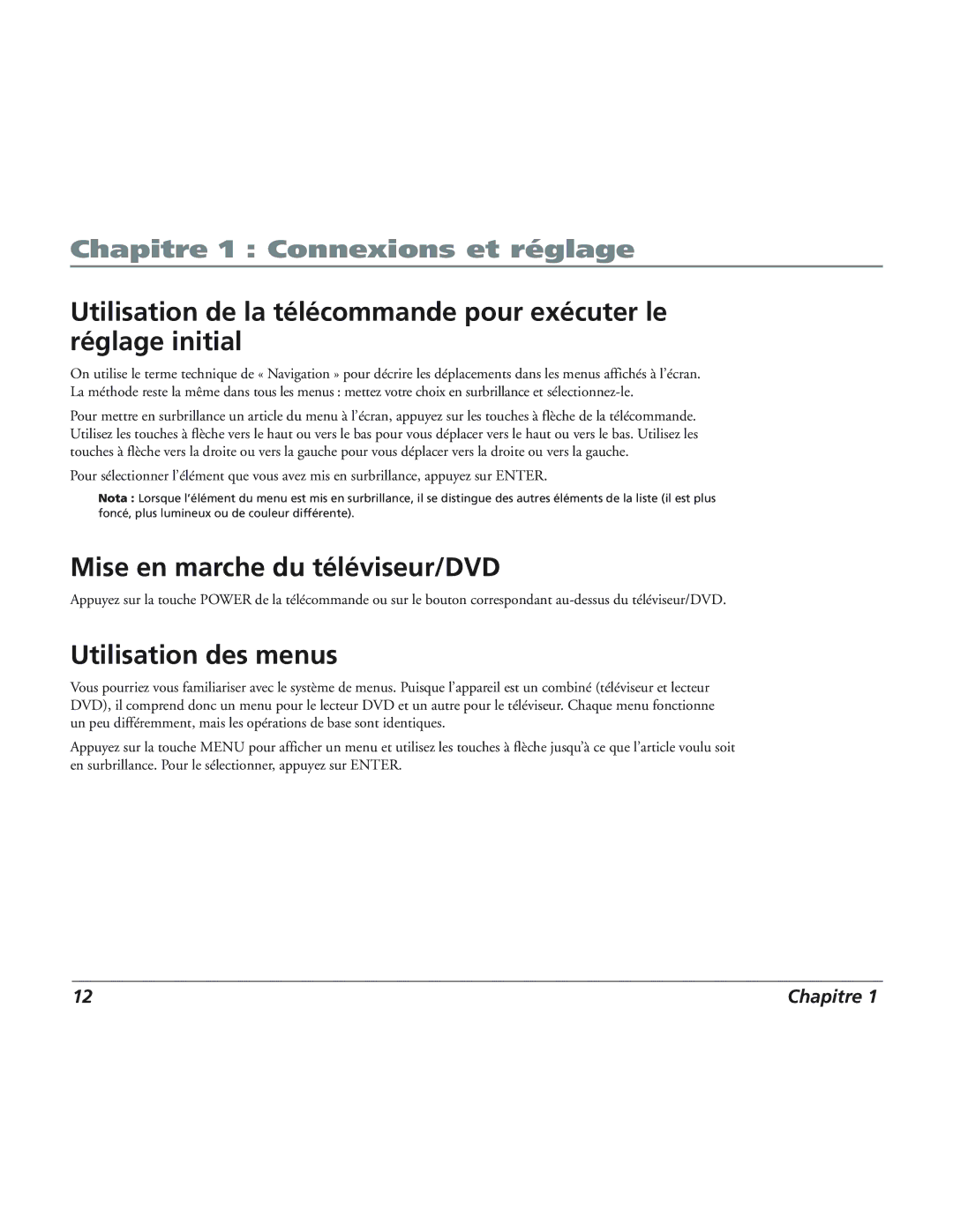 RCA 12L500TD manual Mise en marche du téléviseur/DVD, Utilisation des menus 