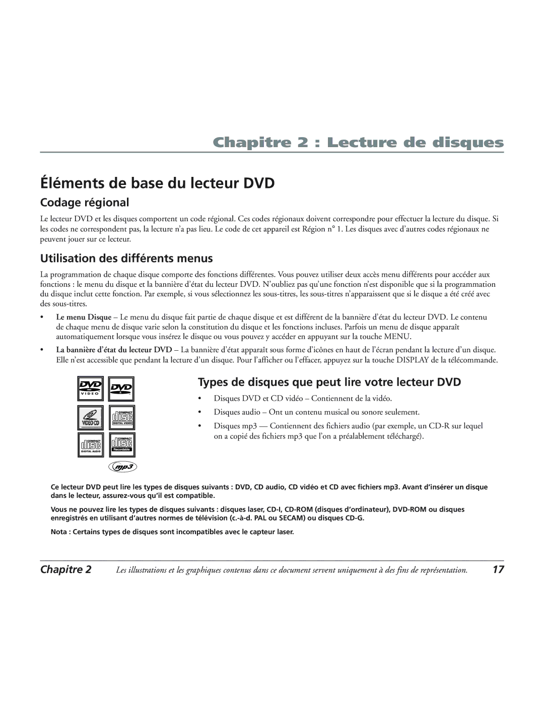 RCA 12L500TD manual Éléments de base du lecteur DVD, Codage régional, Utilisation des différents menus 