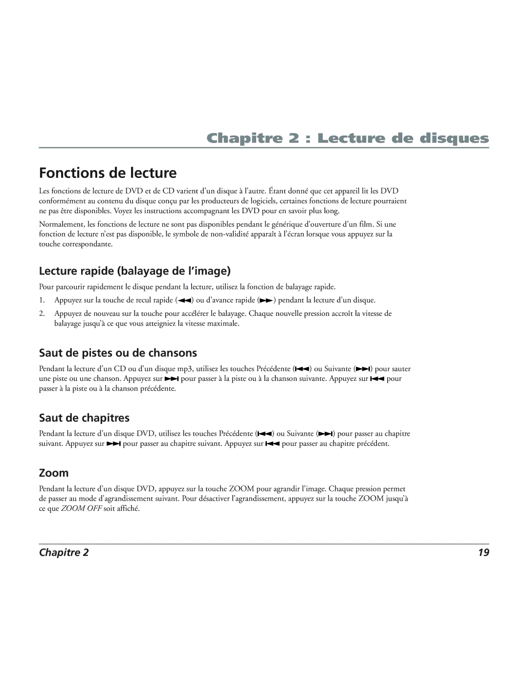 RCA 12L500TD Fonctions de lecture, Lecture rapide balayage de l’image, Saut de pistes ou de chansons, Saut de chapitres 