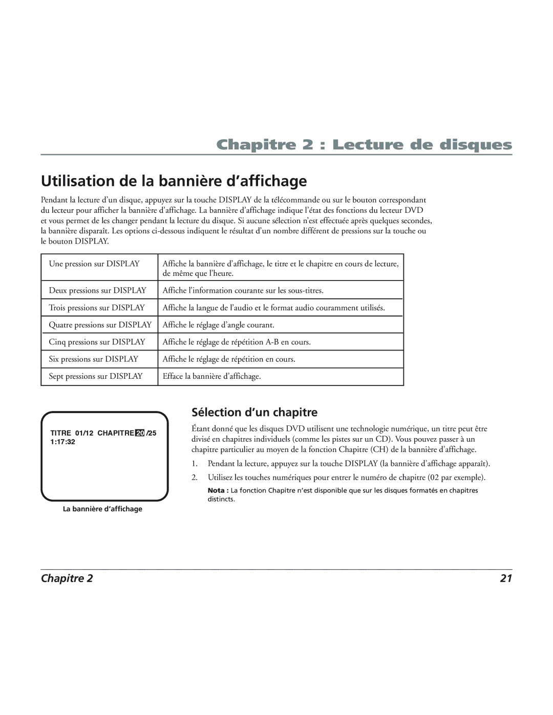 RCA 12L500TD manual Utilisation de la bannière d’affichage, Sélection d’un chapitre 