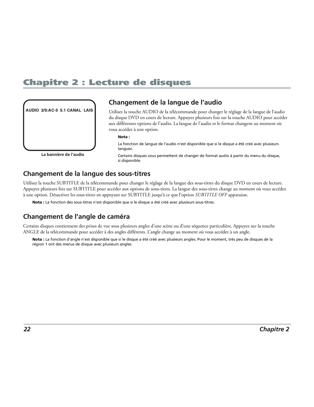 RCA 12L500TD Changement de la langue de l’audio, Changement de la langue des sous-titres, Changement de l’angle de caméra 