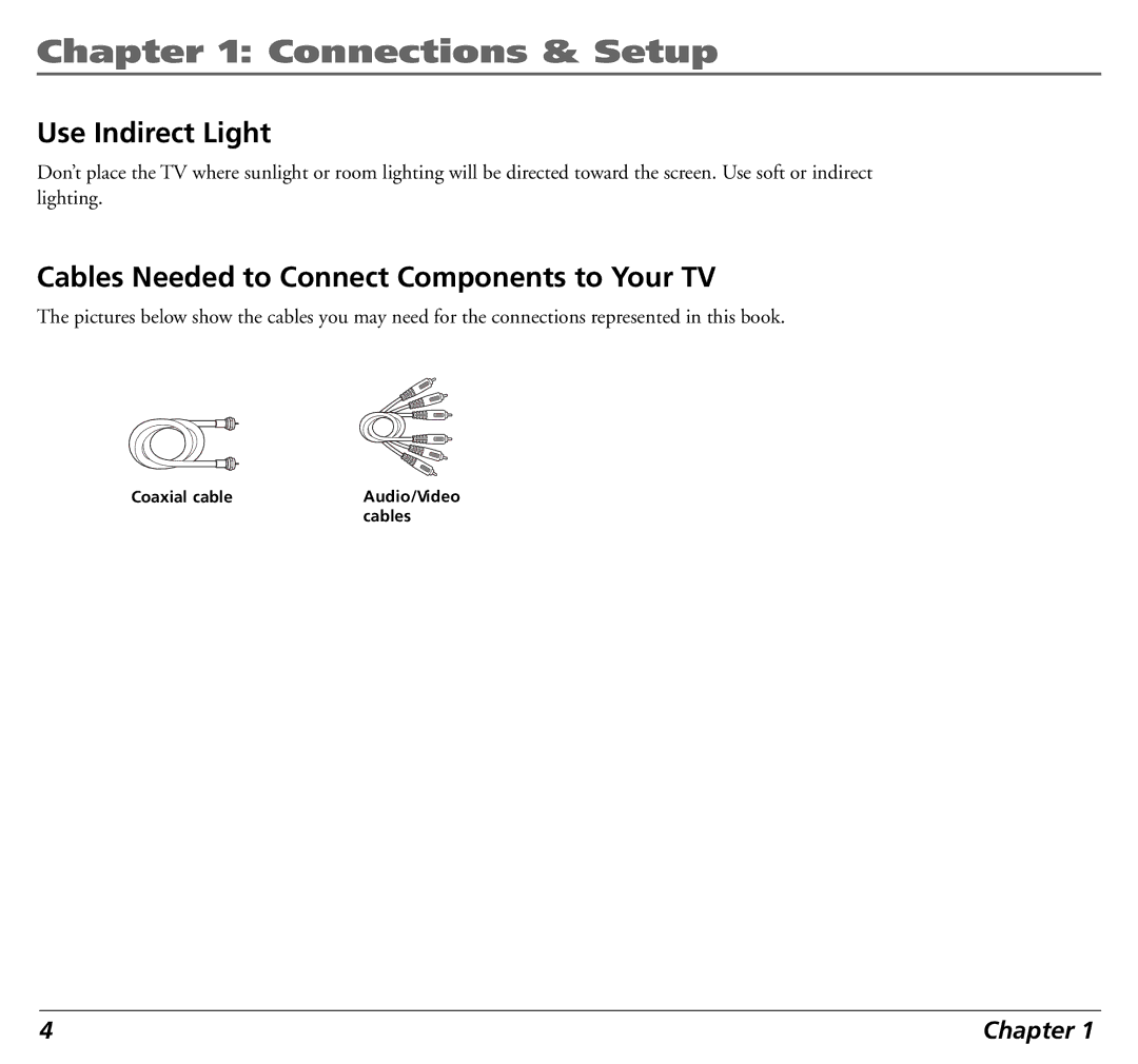 RCA 12L500TD manual Use Indirect Light, Cables Needed to Connect Components to Your TV 