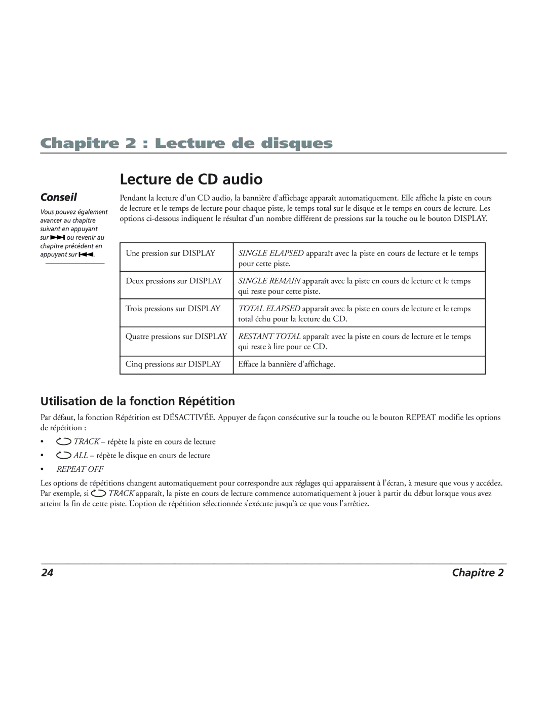 RCA 12L500TD manual Lecture de CD audio, Total Žchu pour la lecture du CD 