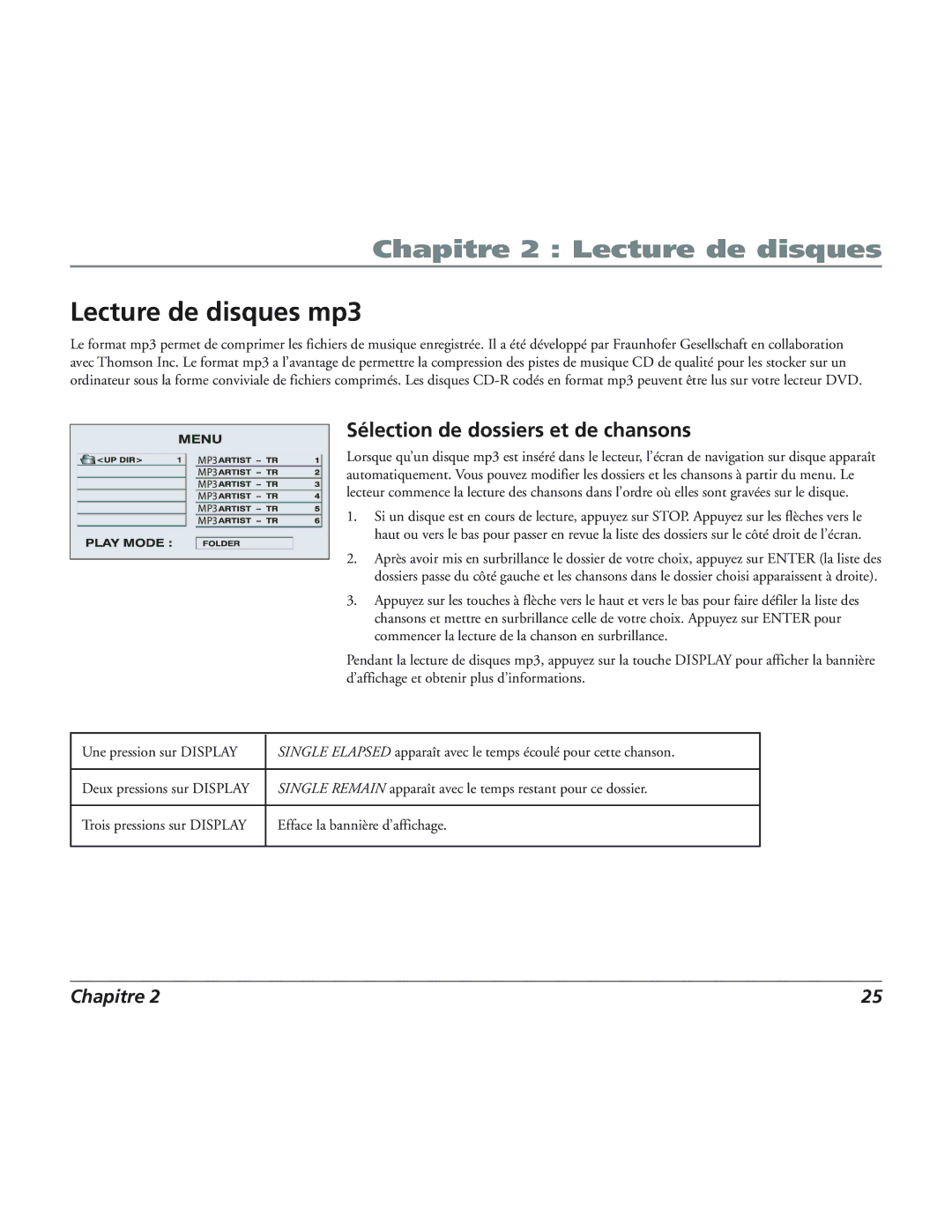 RCA 12L500TD manual Lecture de disques mp3, Sélection de dossiers et de chansons 