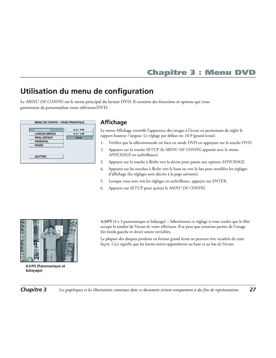 RCA 12L500TD manual Utilisation du menu de configuration, Affichage 